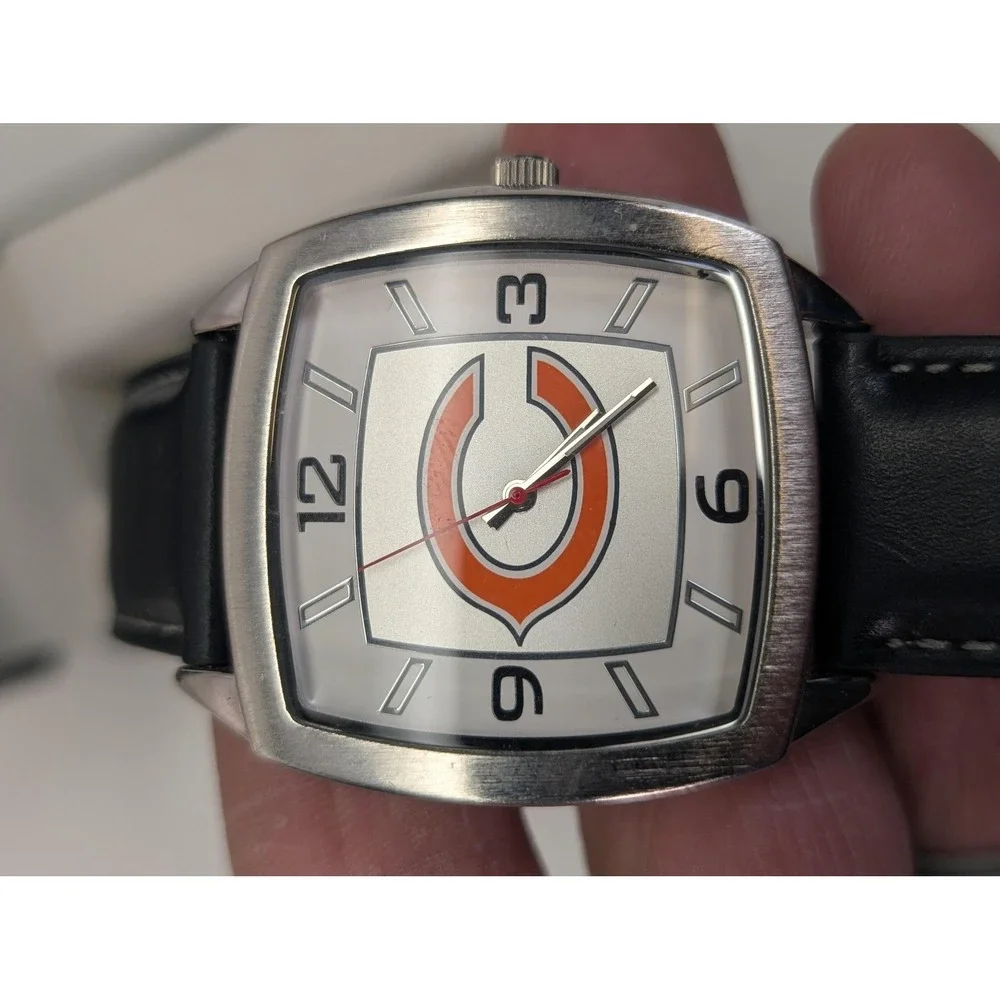 Chicago Bears Mens Watch Silver Dial Cushion Case Black Leather NFL Logo Box